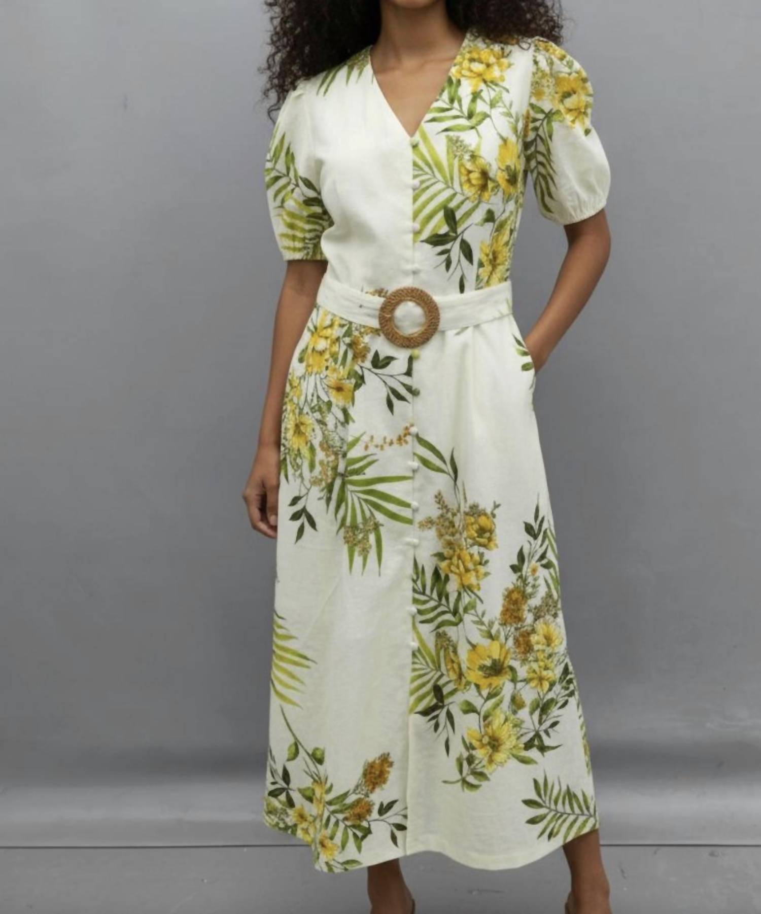 Zoe And Claire - STRUCTURED FLORAL PRINTED LINEN DRESS