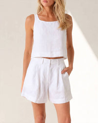 Olivaceous - High Waist Linen Shorts