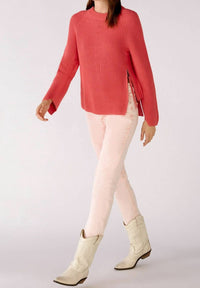 Oui Crew Neck Open-back Ribbon Tie Knit Pullover Jumper in pink orange - women's long sleeve top - detail view