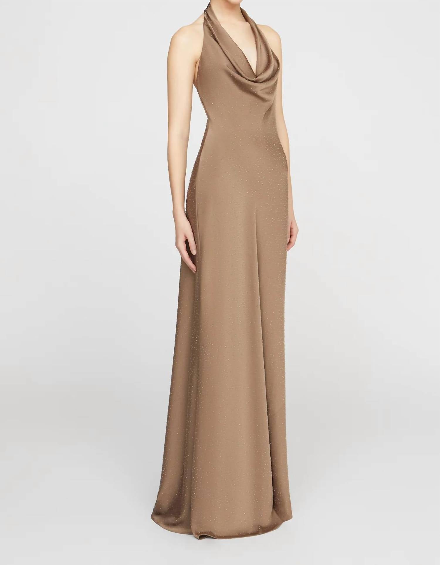 HALSTON HERITAGE Sid Satin Halter Gown with Crystals in sandstone - women's dress