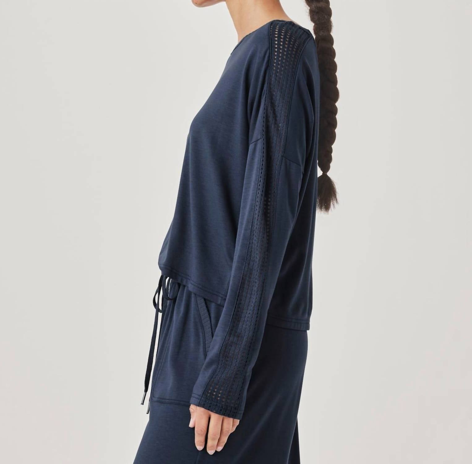 Splendid Jada Pointelle Sweatshirt Top in navy - women's top - detail view