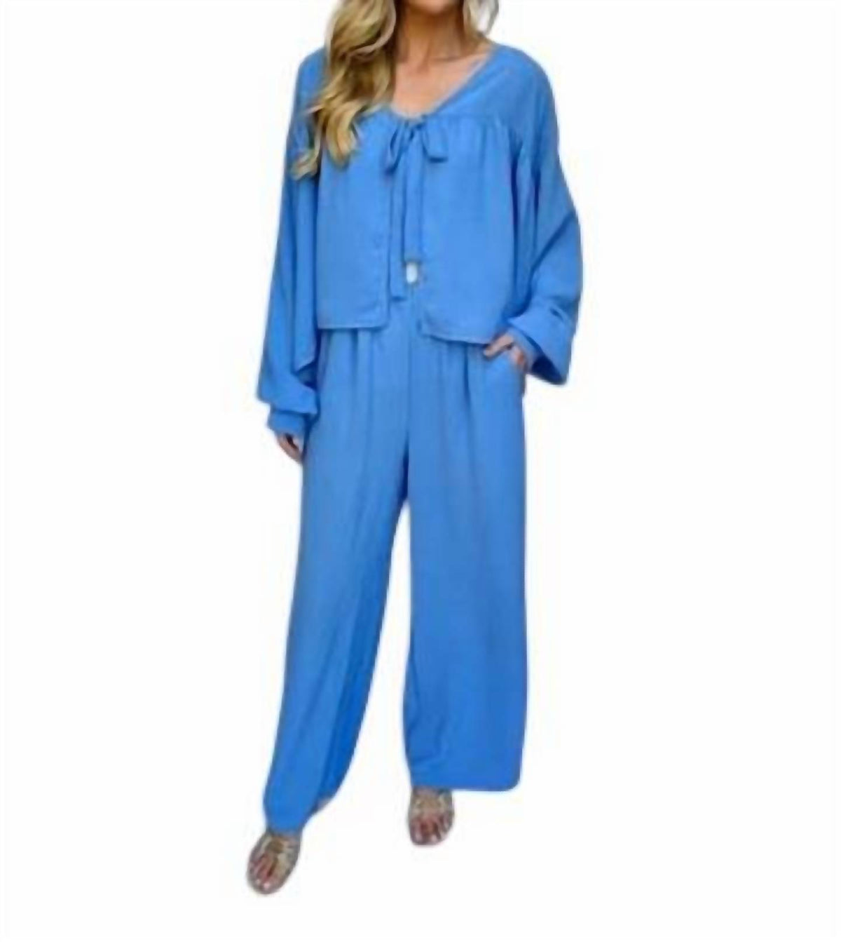 Carole'S Collections - Twill Pant Set Tie Front
