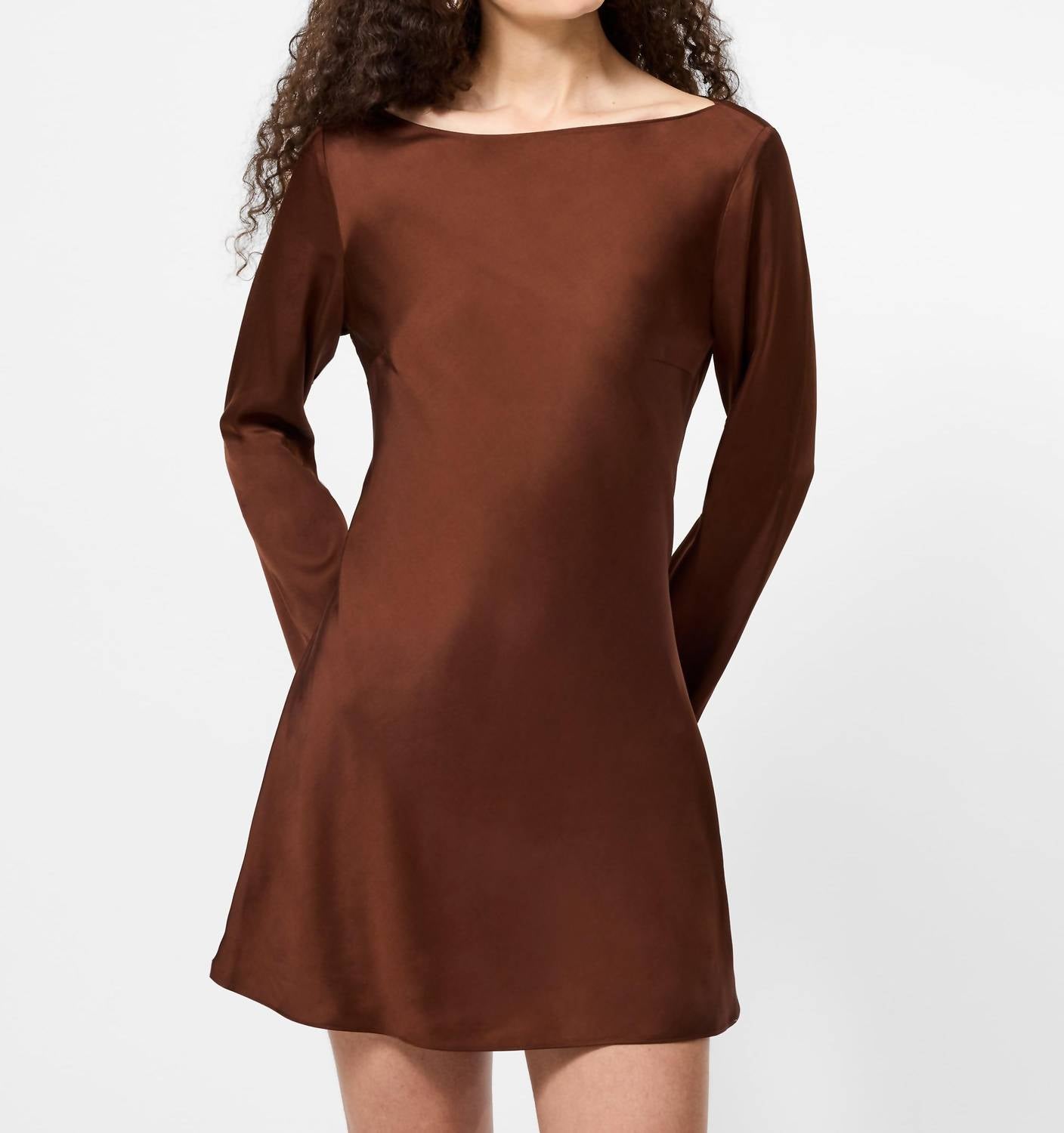 FRENCH CONNECTION Ennis Satin Long Sleeve Mini Dress in brown - women's dress - view 5