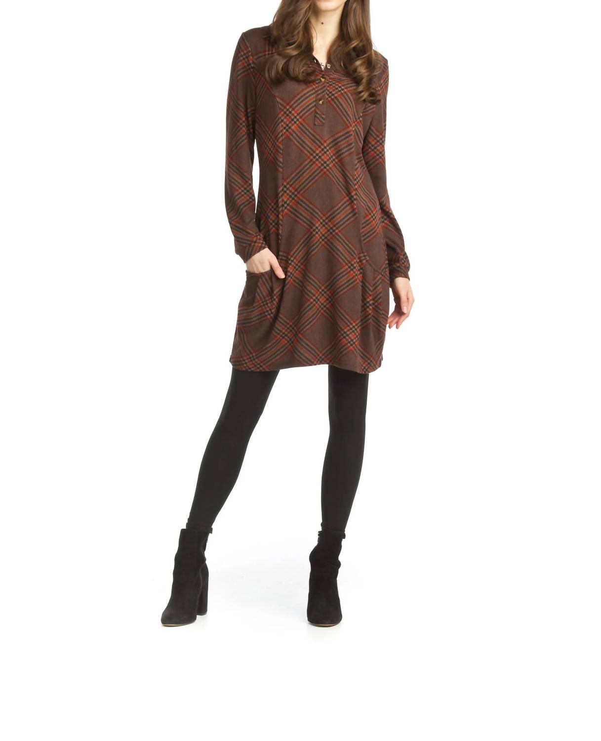 Papillon - Plaid Knit Henley Dress With Pockets