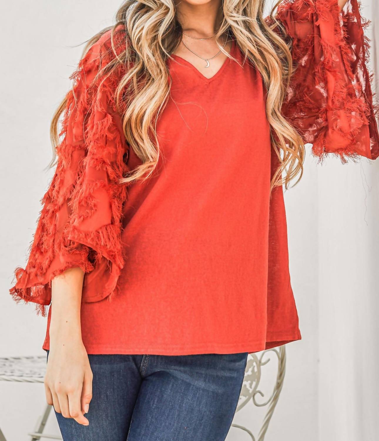 And The Why - Feather Detailed 3/4 Sleeve Slub Top