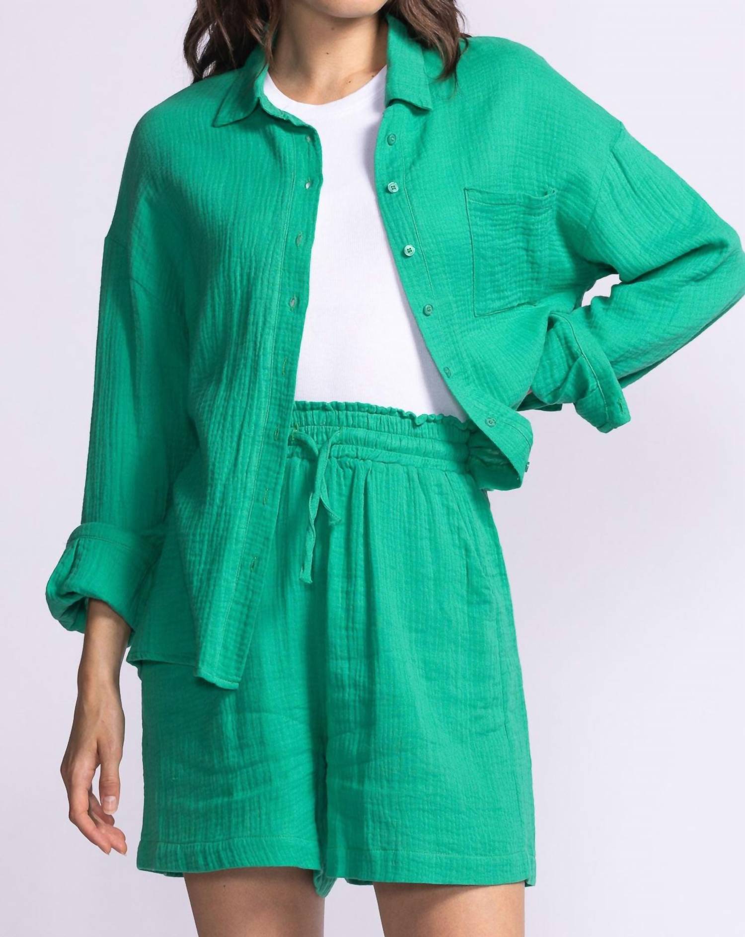 PINK MARTINI Nikki Long Sleeve Gauze Top in green - women's shirt - detail view
