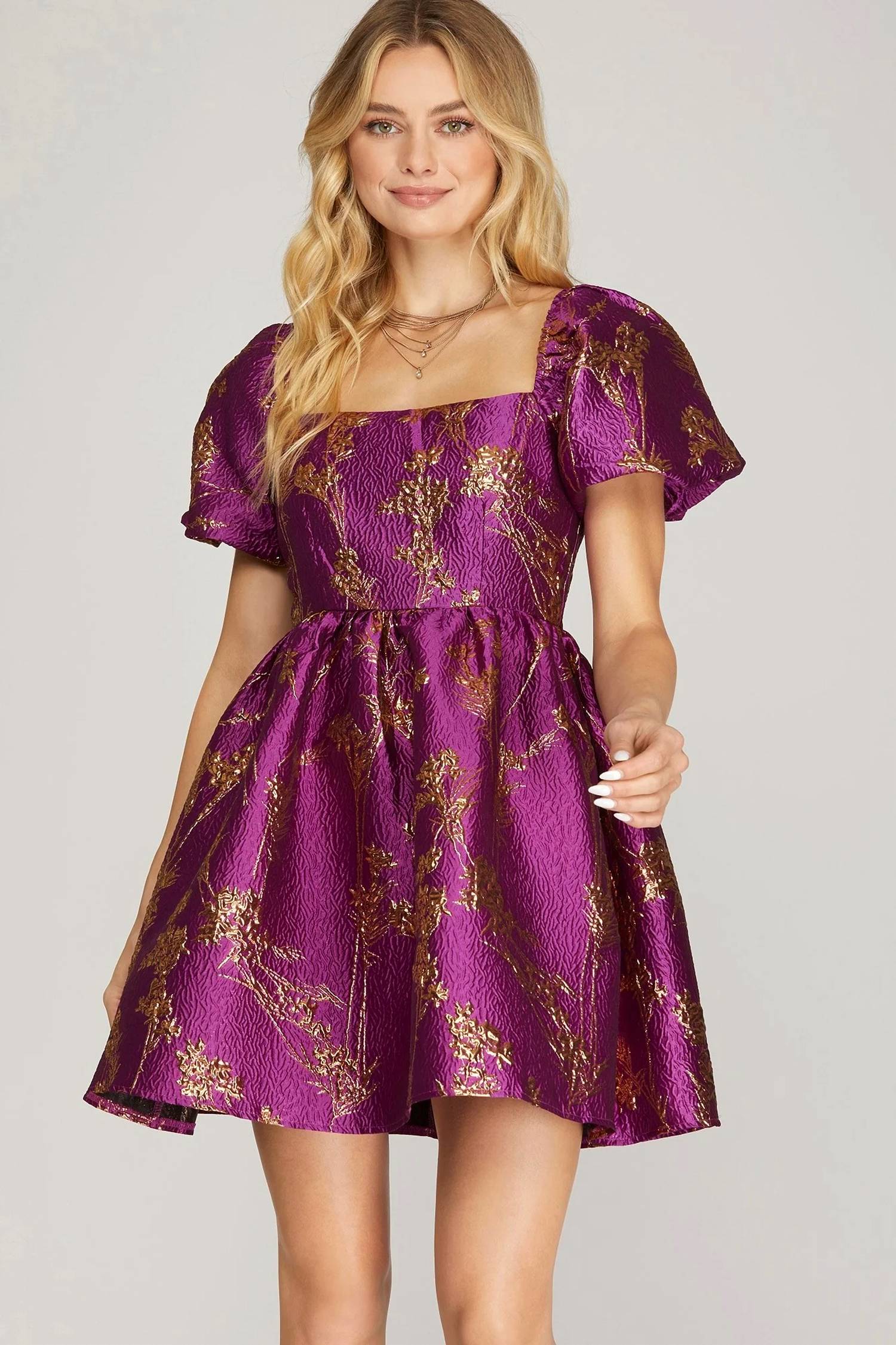 She + Sky - Metallic Jaquard Baby Doll Dress