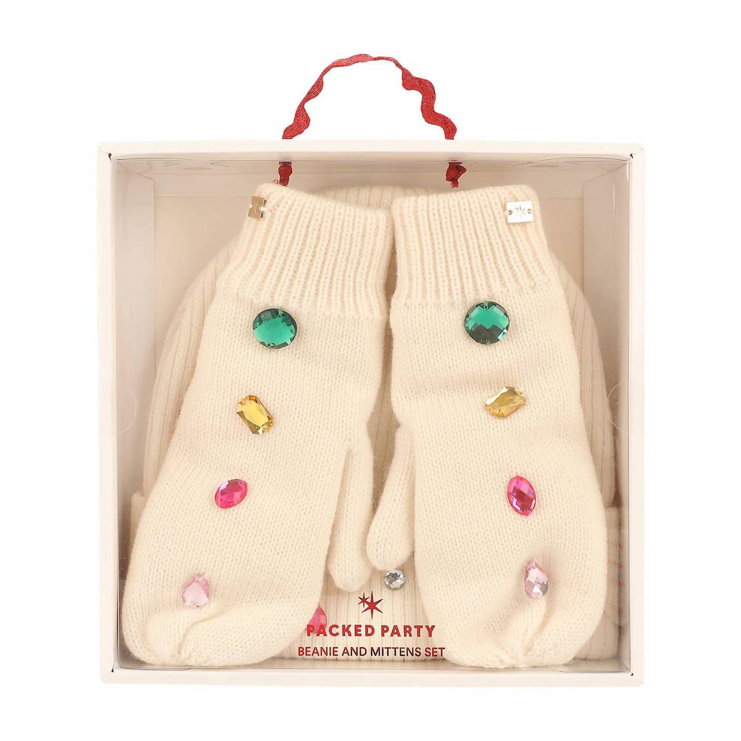 Packed Party - Knit Rhinestone Beanie And Mittens Set
