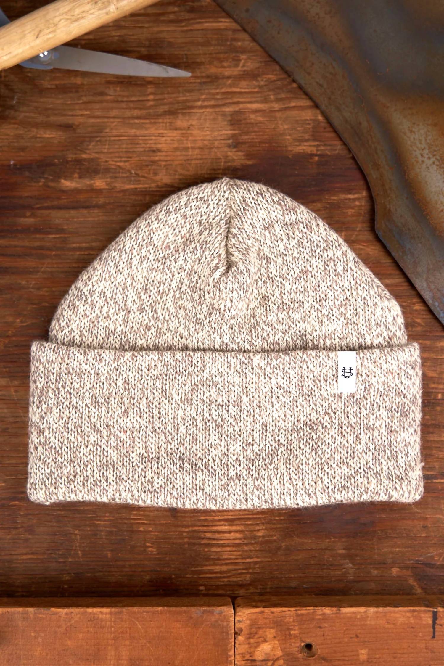 Upstate Stock Unisex Melange Ragg Wool Beanie in oatmeal - men's hat - detail view