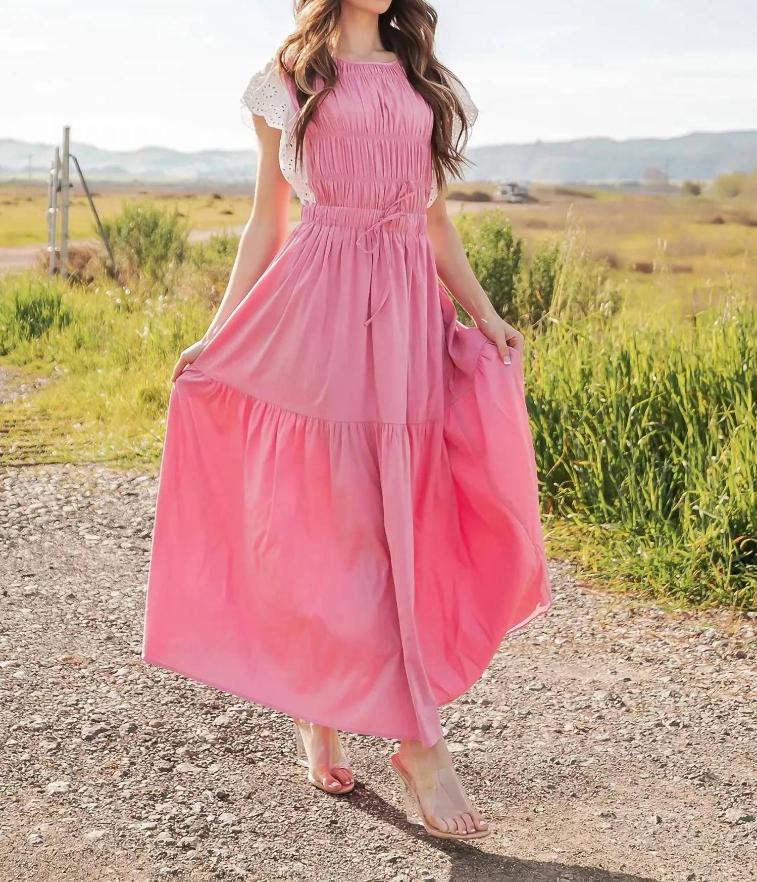 Strut & Bolt Eyelet Trim Tiered Midi Dress in pink - women's dress - view 6
