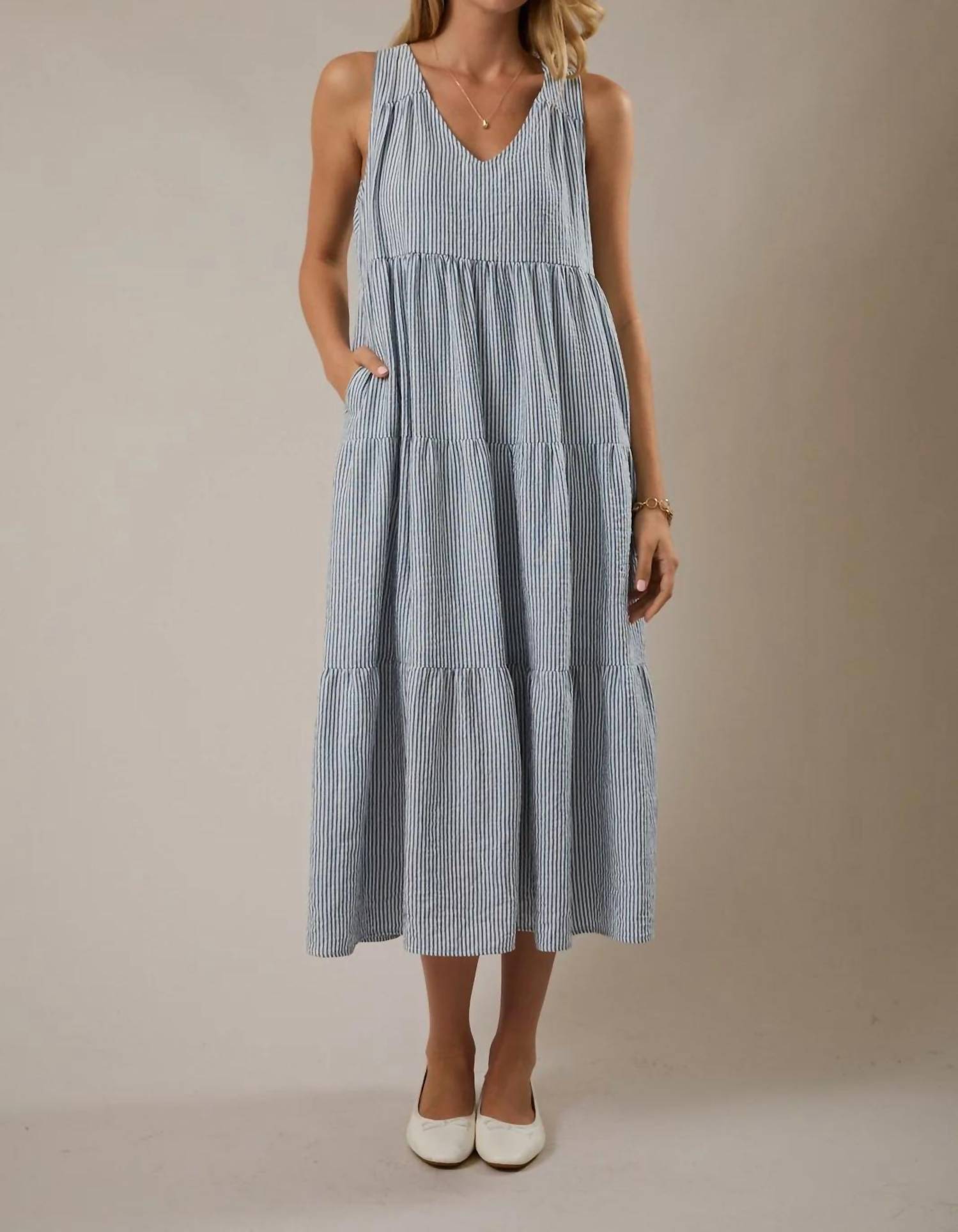 Sunday Edition - V-neck Sleeveless Tiered Stripe Midi Dress