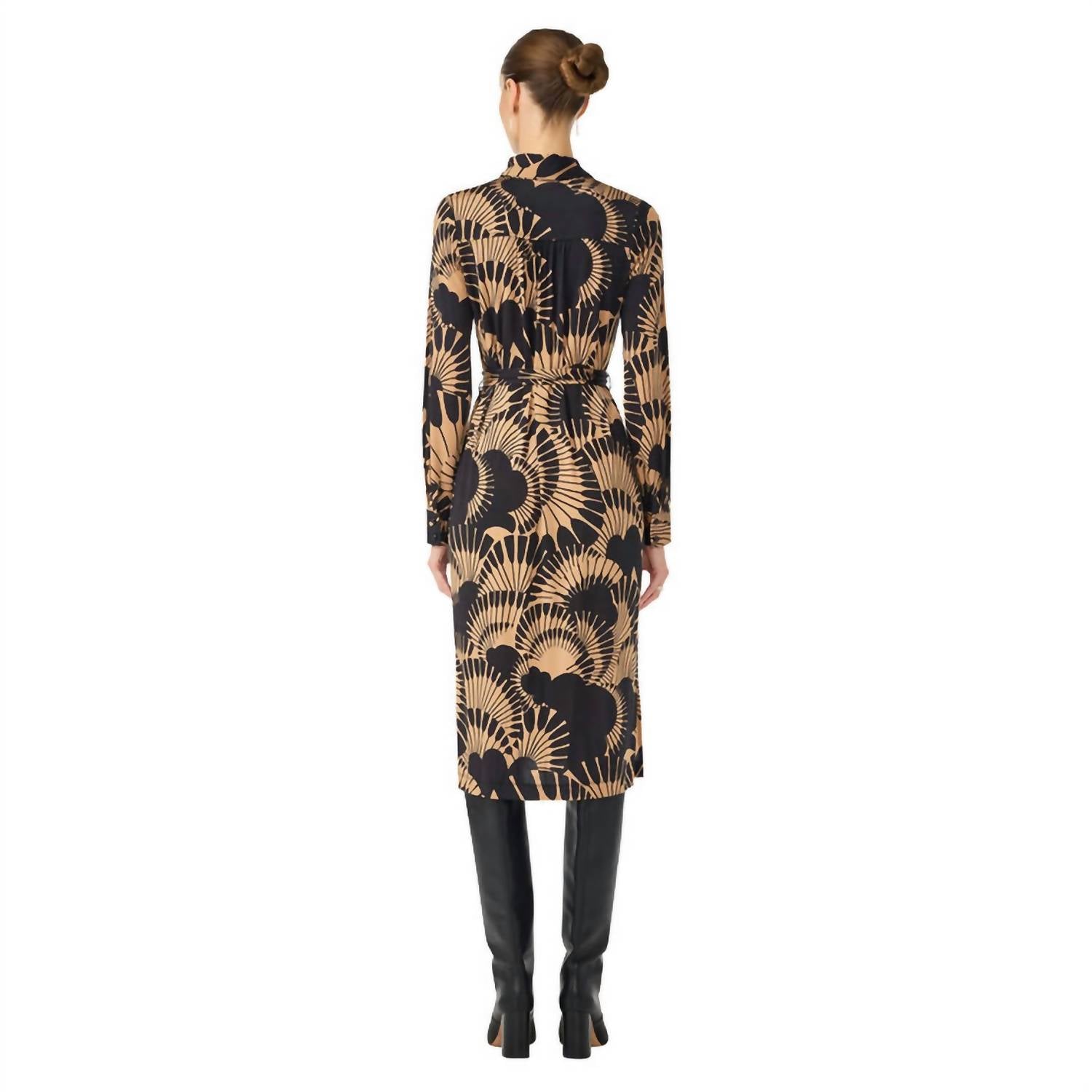 Trina Turk Radio City Long Sleeve Midi Wrap Dress in black camel - women's dress - detail view