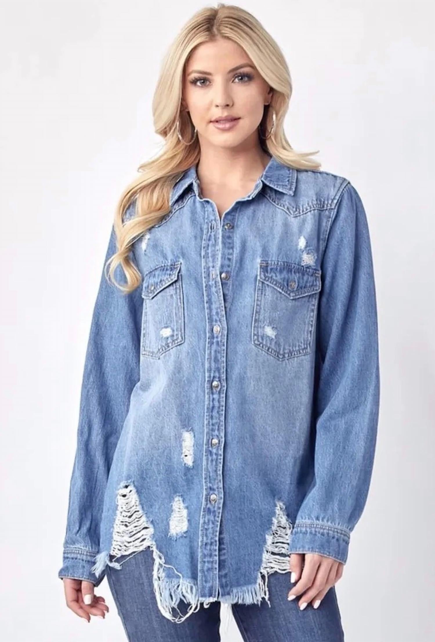 Risen - Distressed Denim Button Up