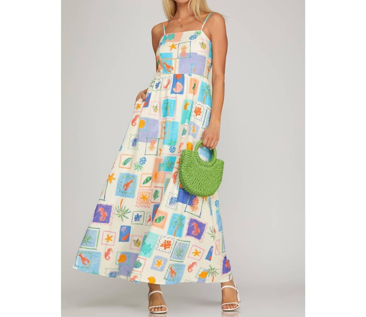 Bns - Coastal Tile Print Cami Maxi Dress With Pockets