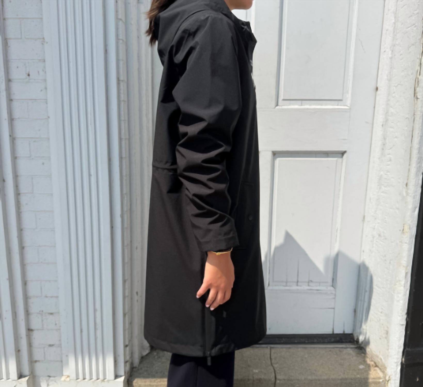 NIKKI JONES Long Lightweight Raincoat With Hood in black - women's jacket - detail view