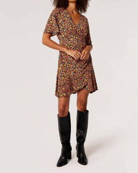 Apricot - Side Ruch Graphic Ditsy Wrap Dress
