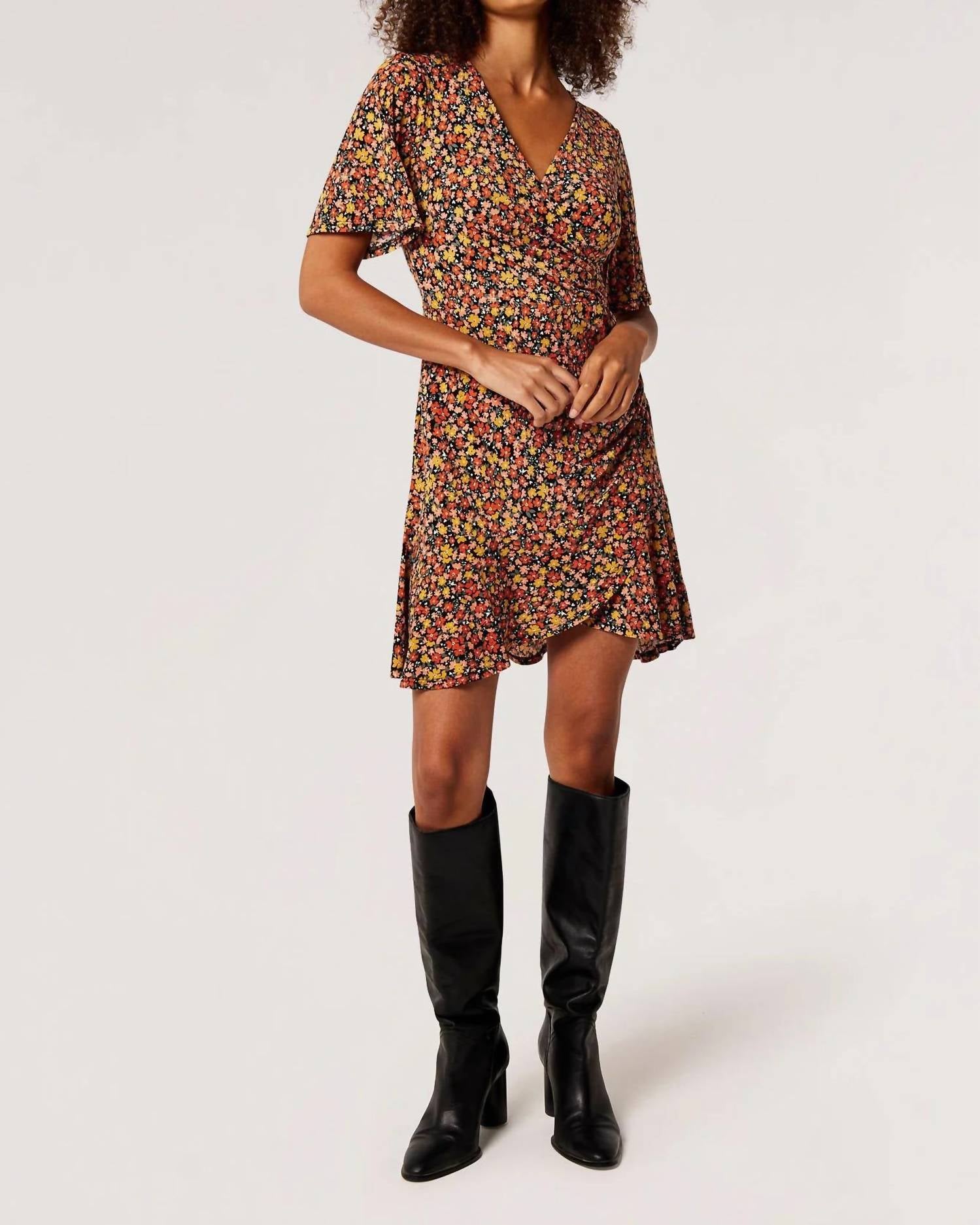 Apricot - Side Ruch Graphic Ditsy Wrap Dress
