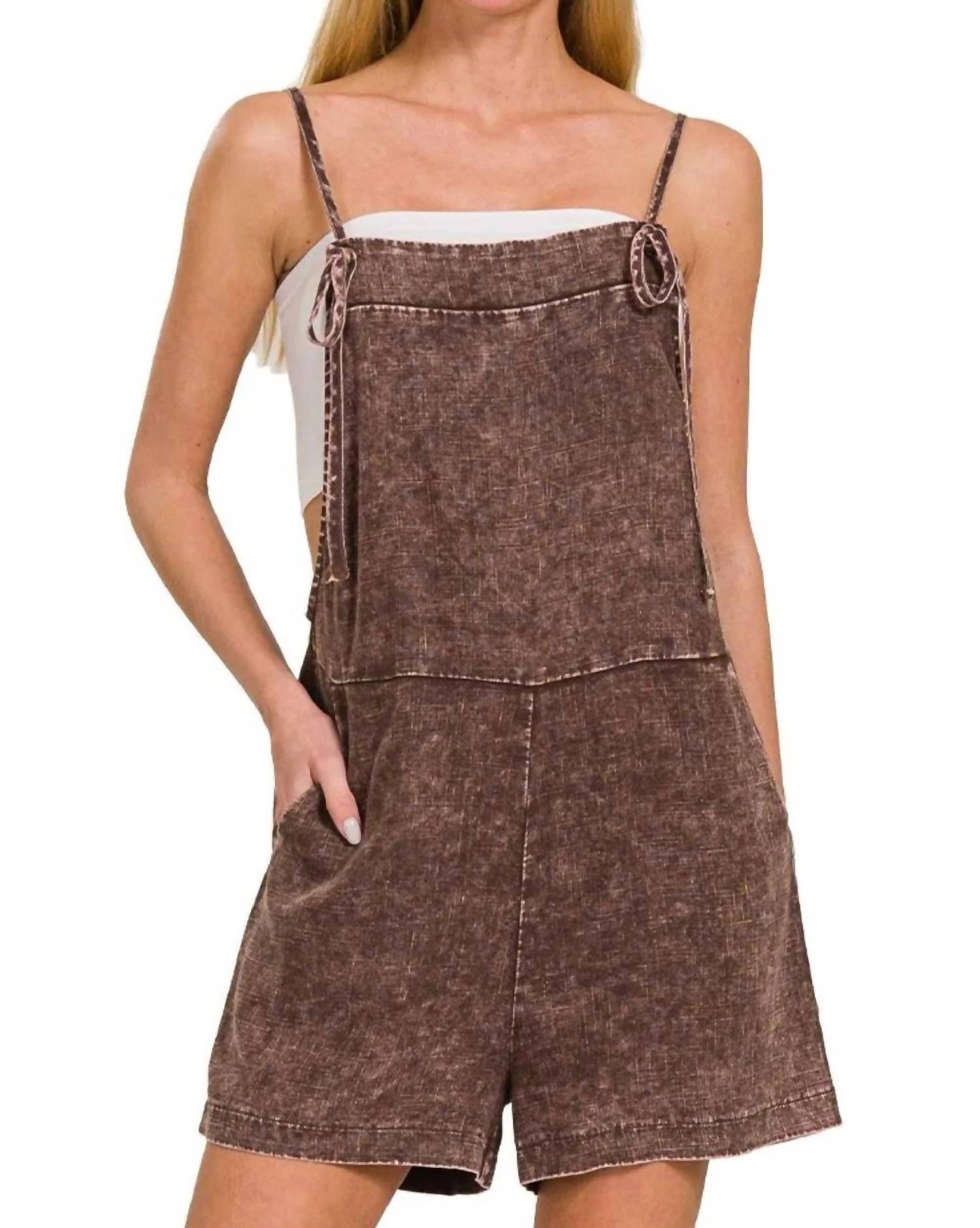 Zenana - Washed Linen Knot Strap Rompers
