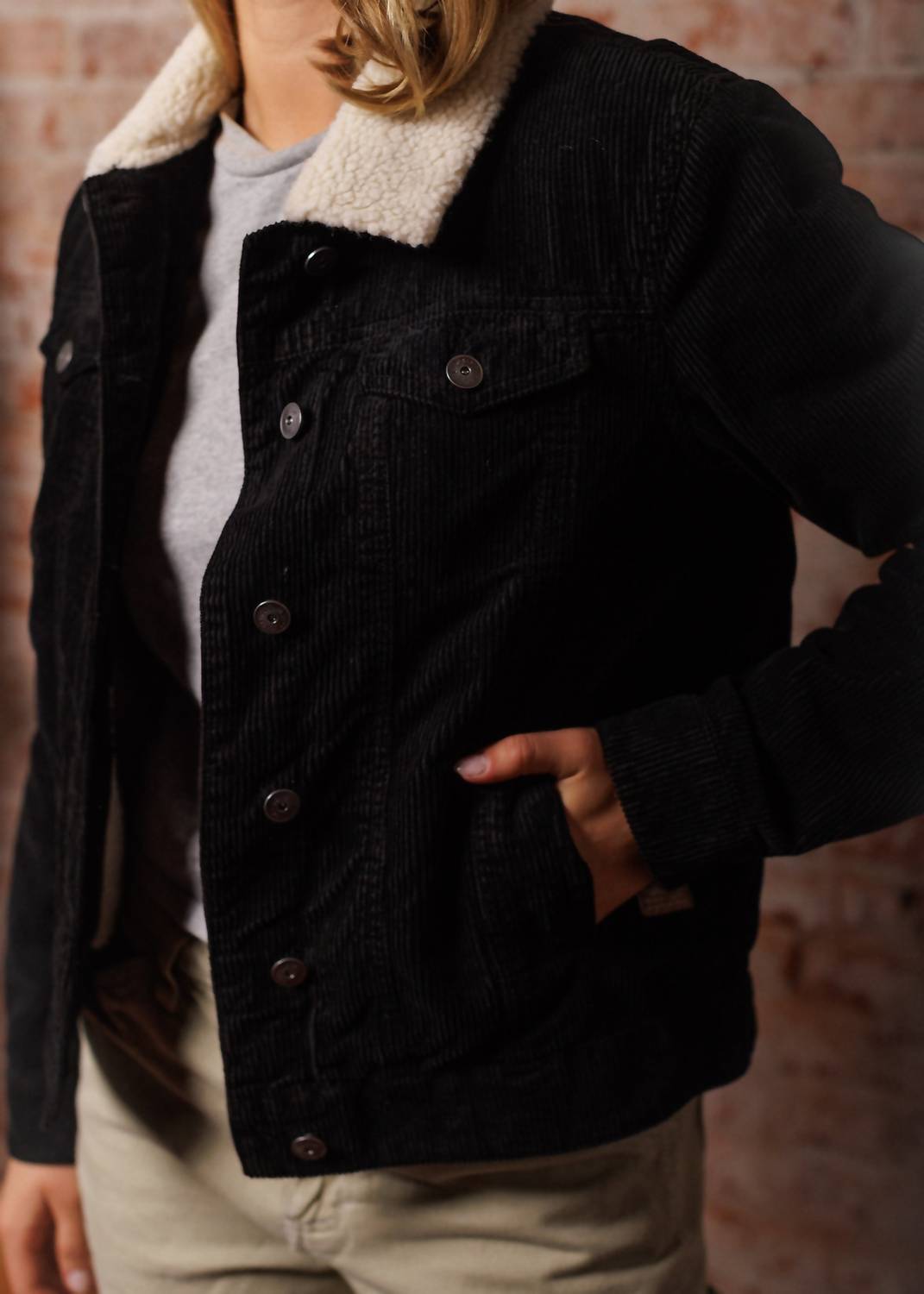 Iron & Resin Oakley Coduroy Jacket in black - women's jacket - detail view