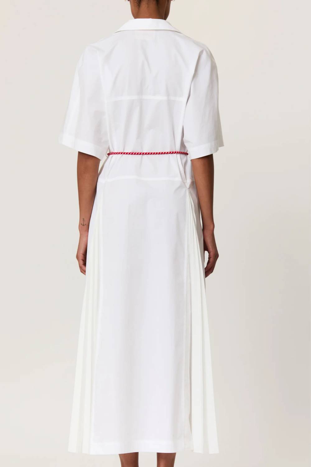 Plan C - Pleated Poplin Dress With Red Belt