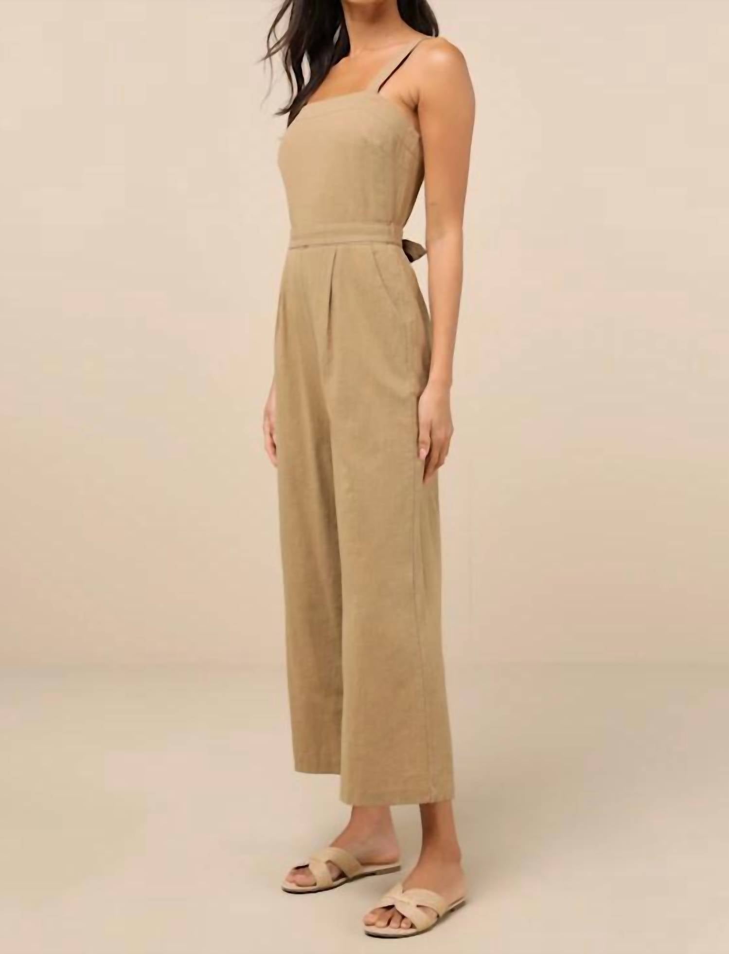 Lulus Lucky For Me Cotton Sleeveless Cropped Jumpsuit in beige - women's pants - detail view