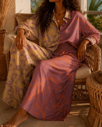 Surelymine - Printed Satin Shirt & Wide Leg Pant Set