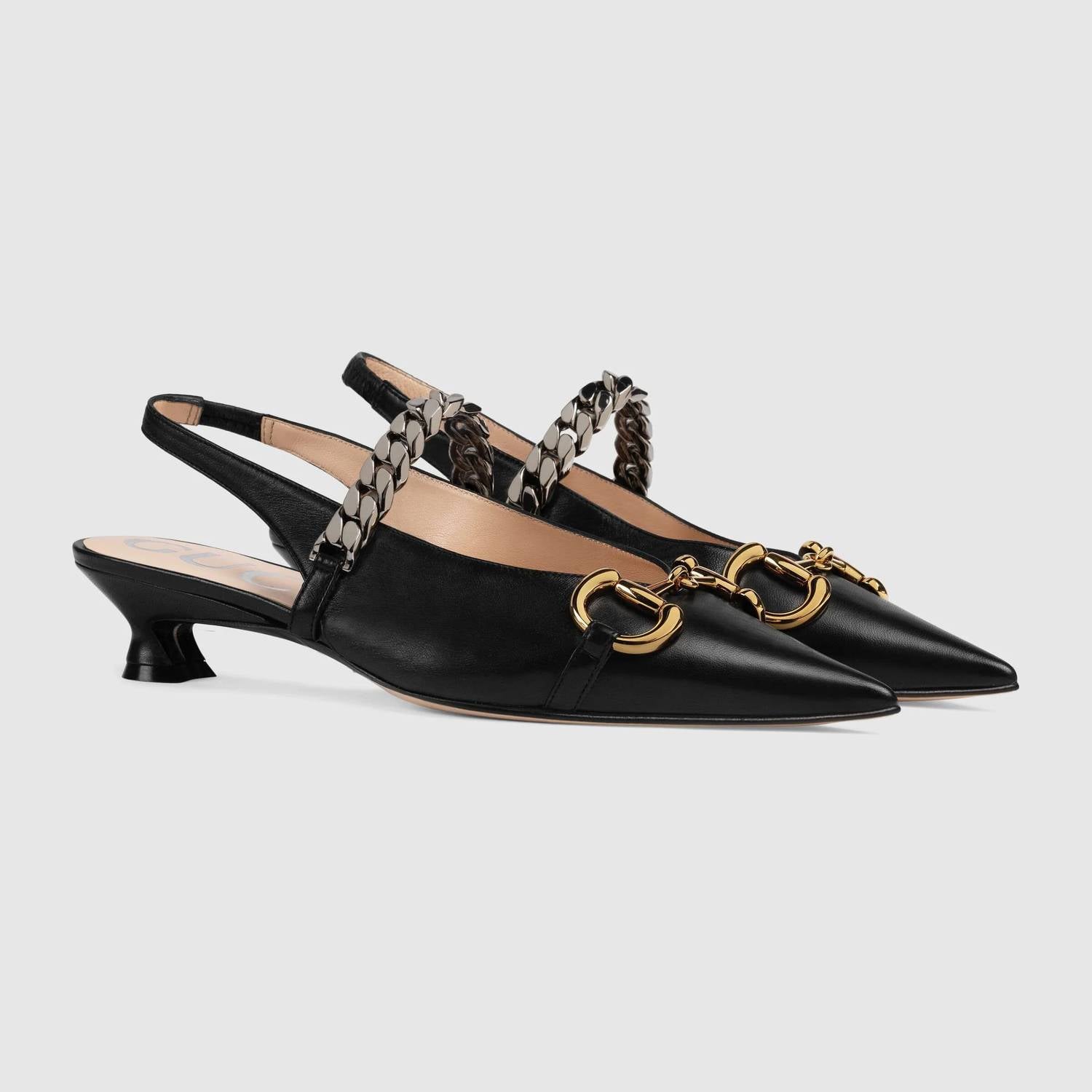 Gucci - Women's Horsebit & Chain Leather Slingback Pump