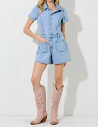 Polagram - Women's Washed Denim Short Sleeve Jumpsuit