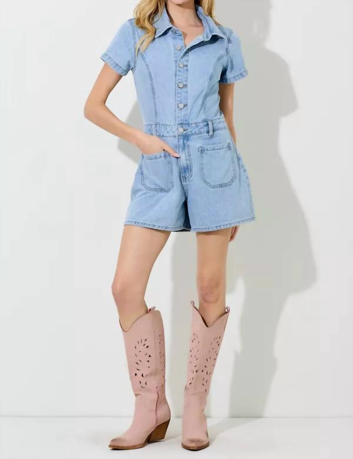 Polagram - Women's Washed Denim Short Sleeve Jumpsuit