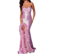 Jovani - Feather Trimmed Slit Satin Gown