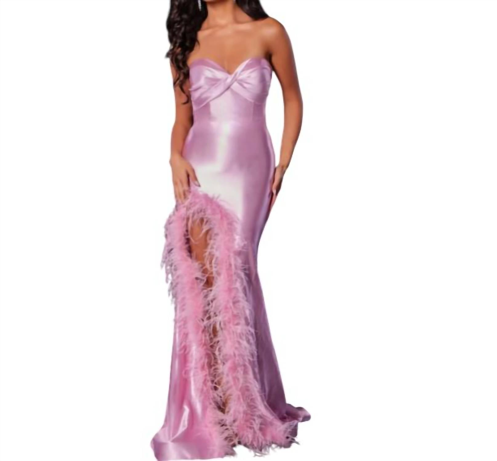 Jovani - Feather Trimmed Slit Satin Gown