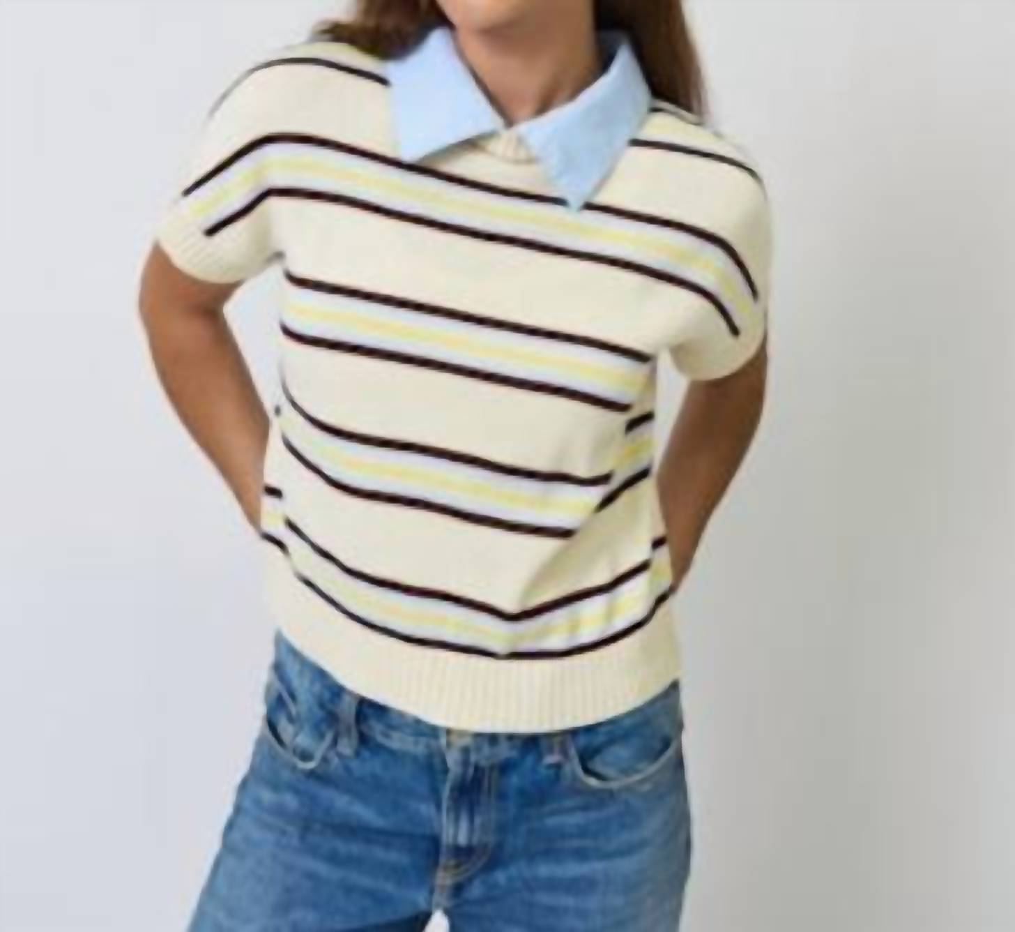 Central Park West Chloe Oxford Collar Sweater in cream stripe - women's blouse
