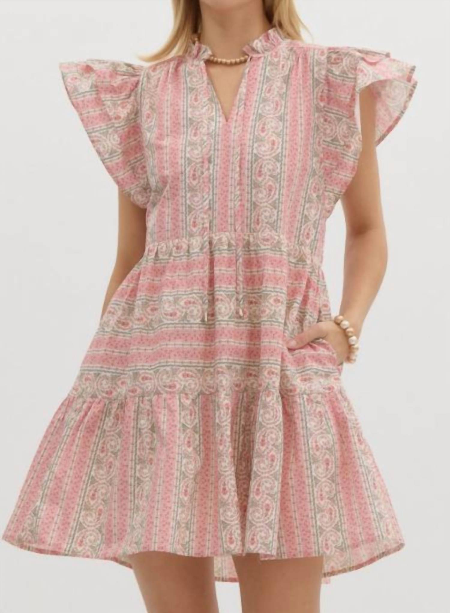 entro Ruffle Sleeve Tiered Mini Dress in pink paisley - women's dress - detail view