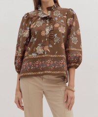 entro Ruffle Neck Shirt in brown pink floral - women's blouse