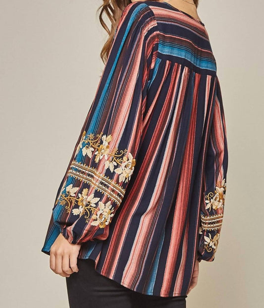 Andree By Unit - Striped & Embroidered Top