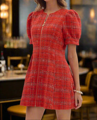 entro Plaid Puff Sleeve Mini Dress With Front Zip in red - women's dress - alternate view