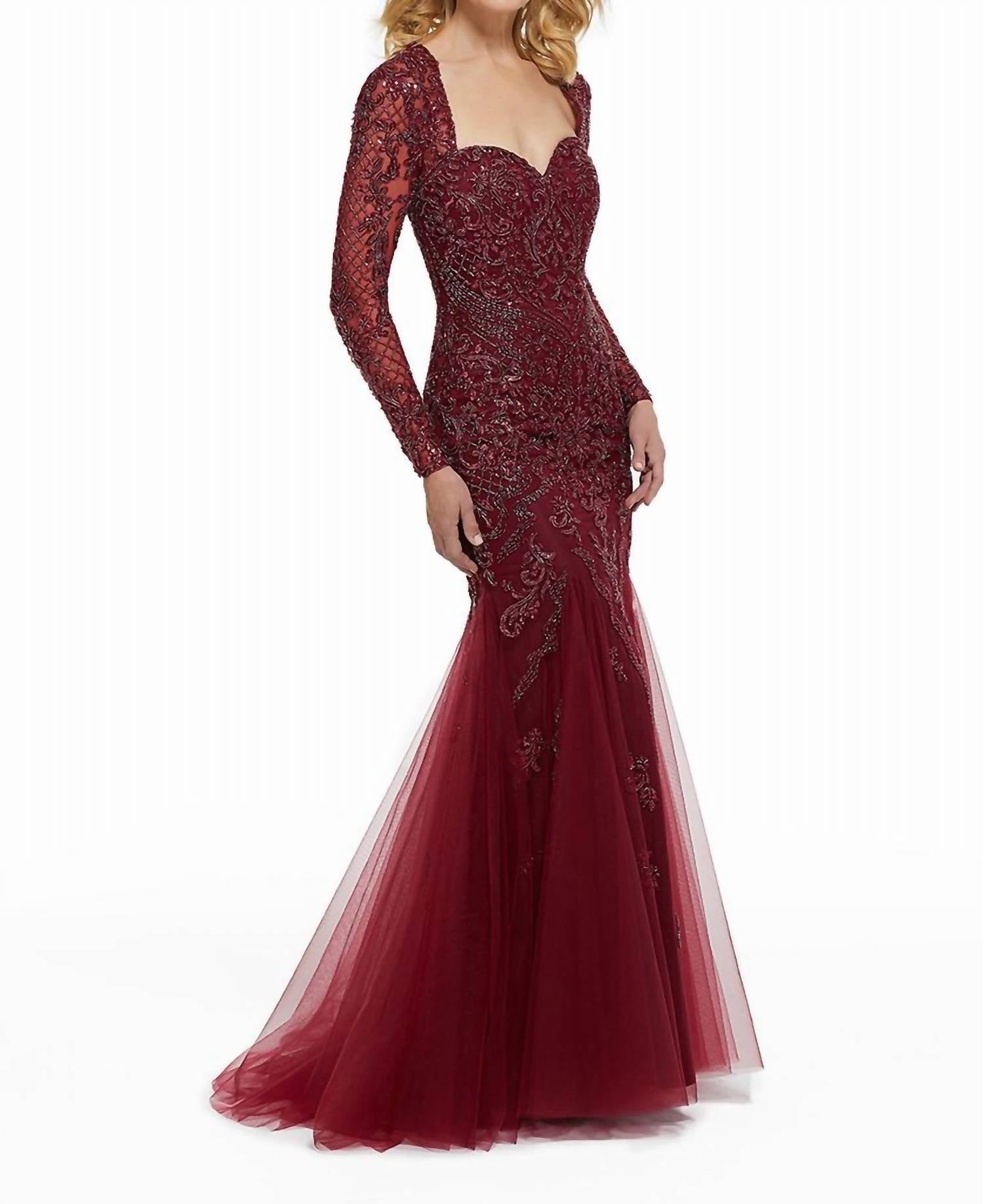 Mgny - Beaded Tulle Mermaid Evening Gown