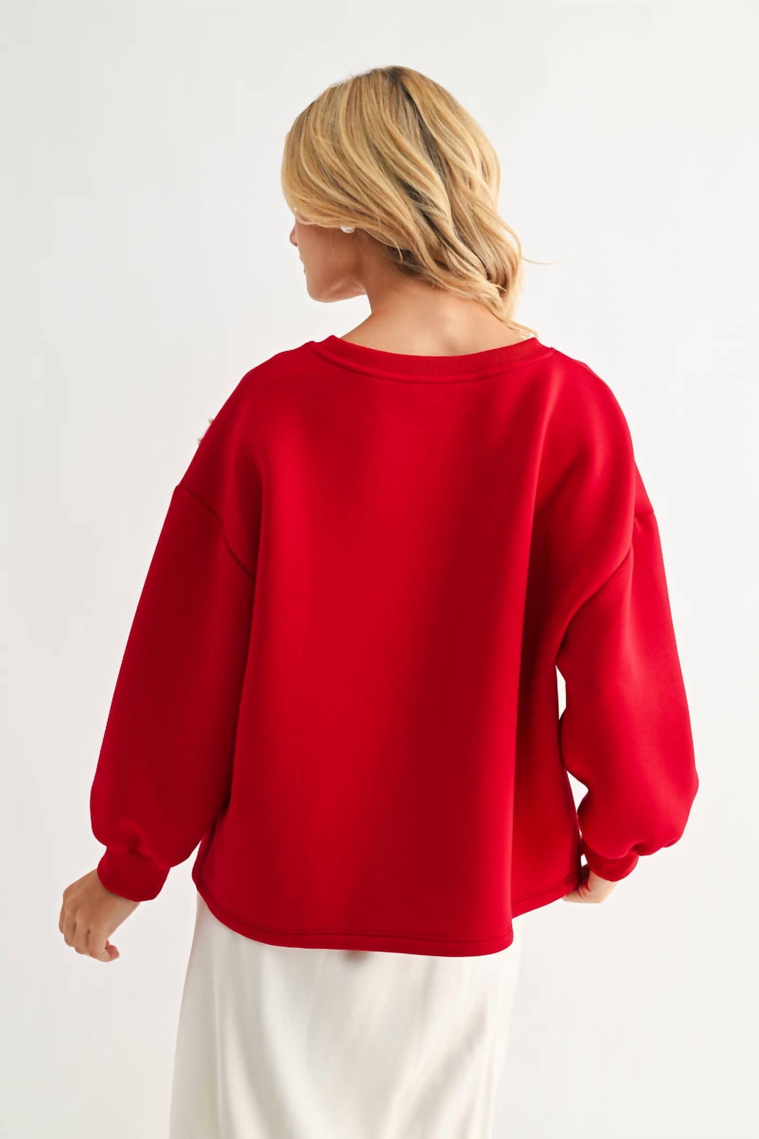 Joh Flora French Scuba Ribbon-bow Top in red white - women's sweater - detail view