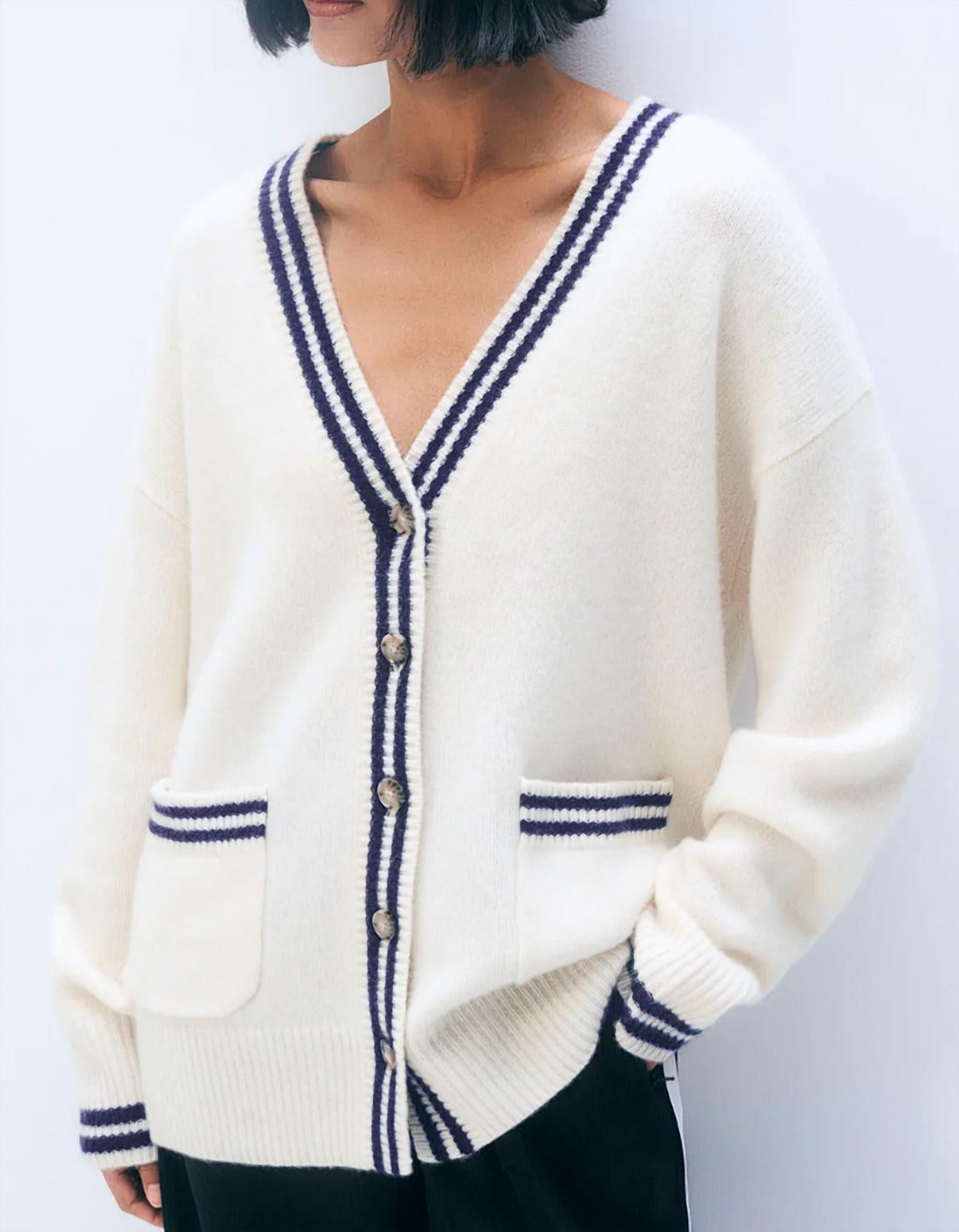 White + Warren Cashmere Varsity Cardigan Sweater in soft white deep navy - women's cardigan
