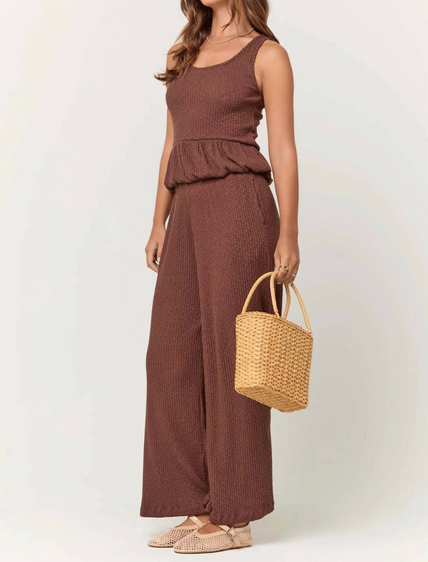 PROJECT SOCIAL T Monterosa Textured Rib Peplum Tank Top in cacao - women's tank top - detail view