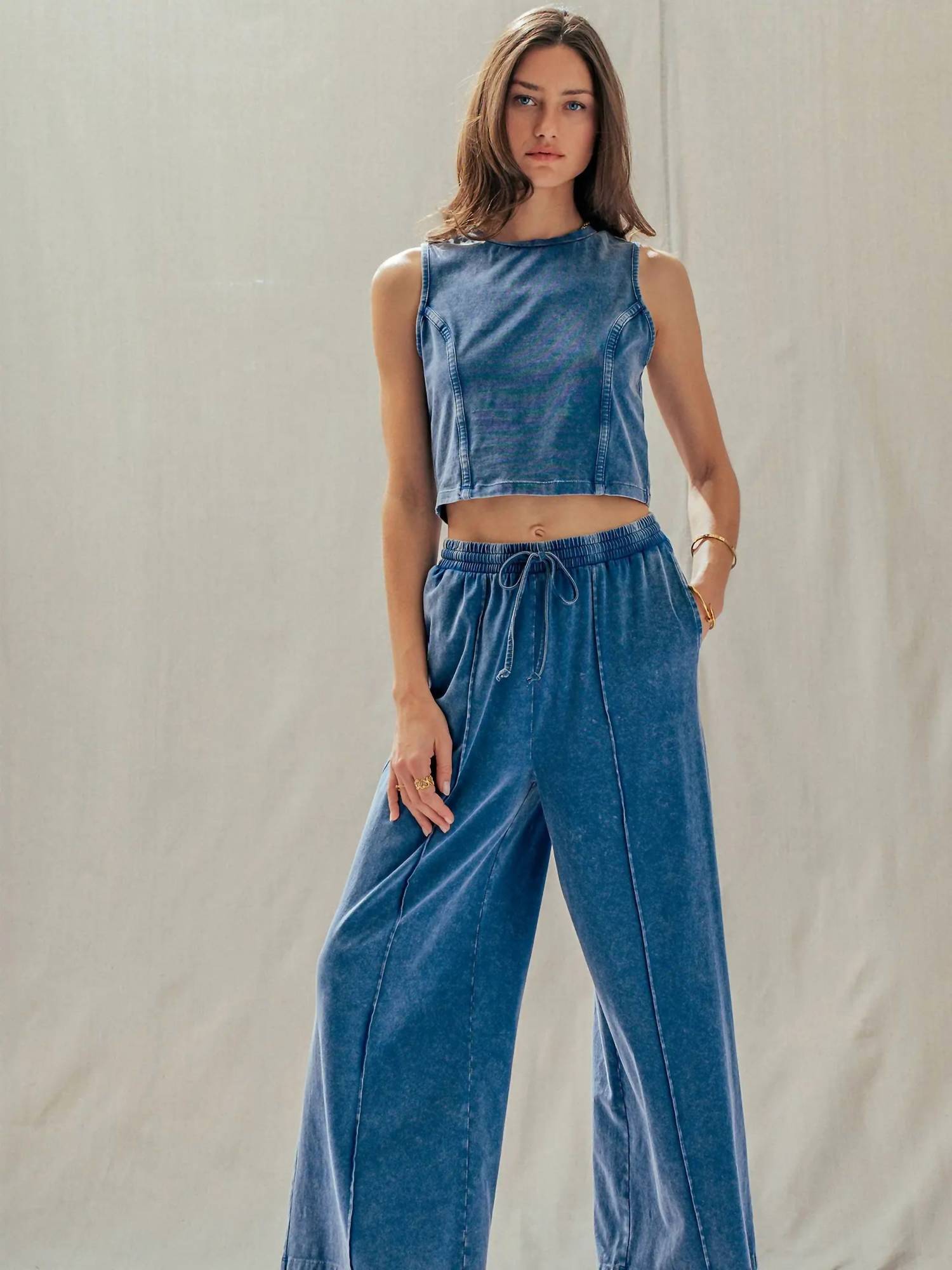Urban Daizy Women's Liberty Mineral Cotton Crop Tank & Wide Leg Pant Set in blue - women's sleepwear - alternate view