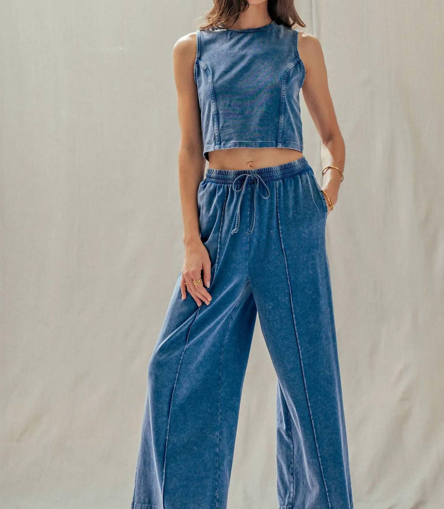 Urban Daizy Women's Liberty Mineral Cotton Crop Tank & Wide Leg Pant Set in blue - women's sleepwear - detail view