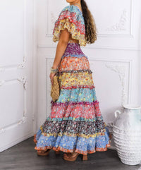 Surelymine - Boho Floral Ruffle Crop Top & Maxi Skirt Set
