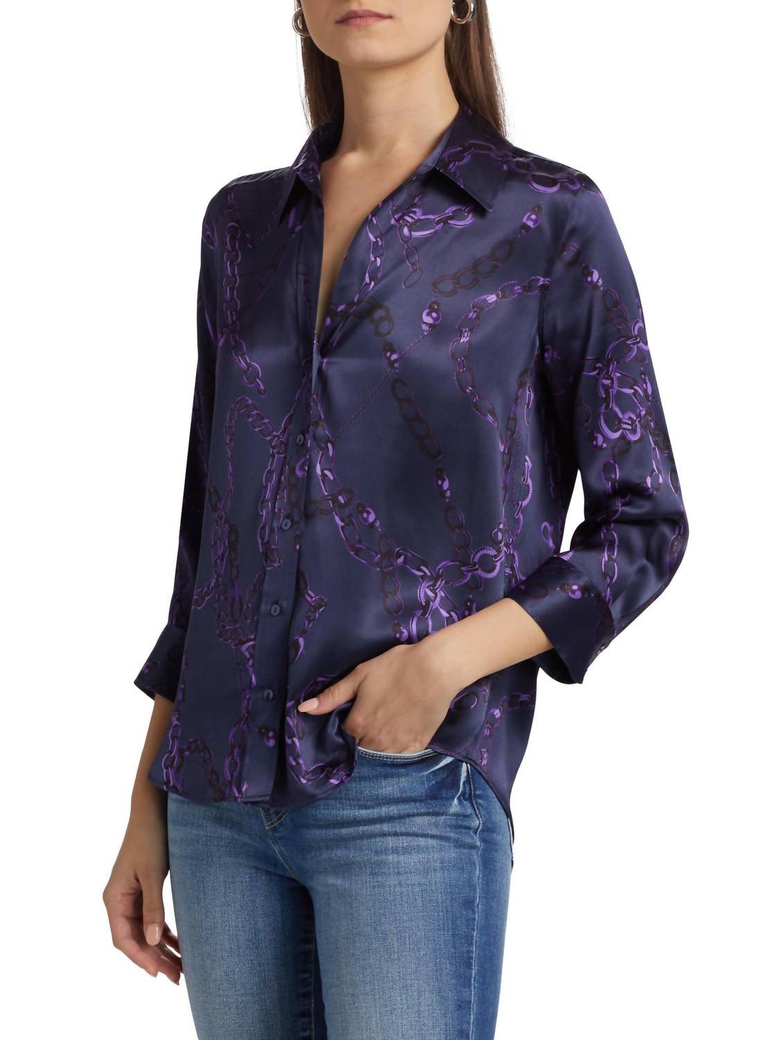 L'Agence - Dani 3/4 Sleeve Chain-print Silk Shirt