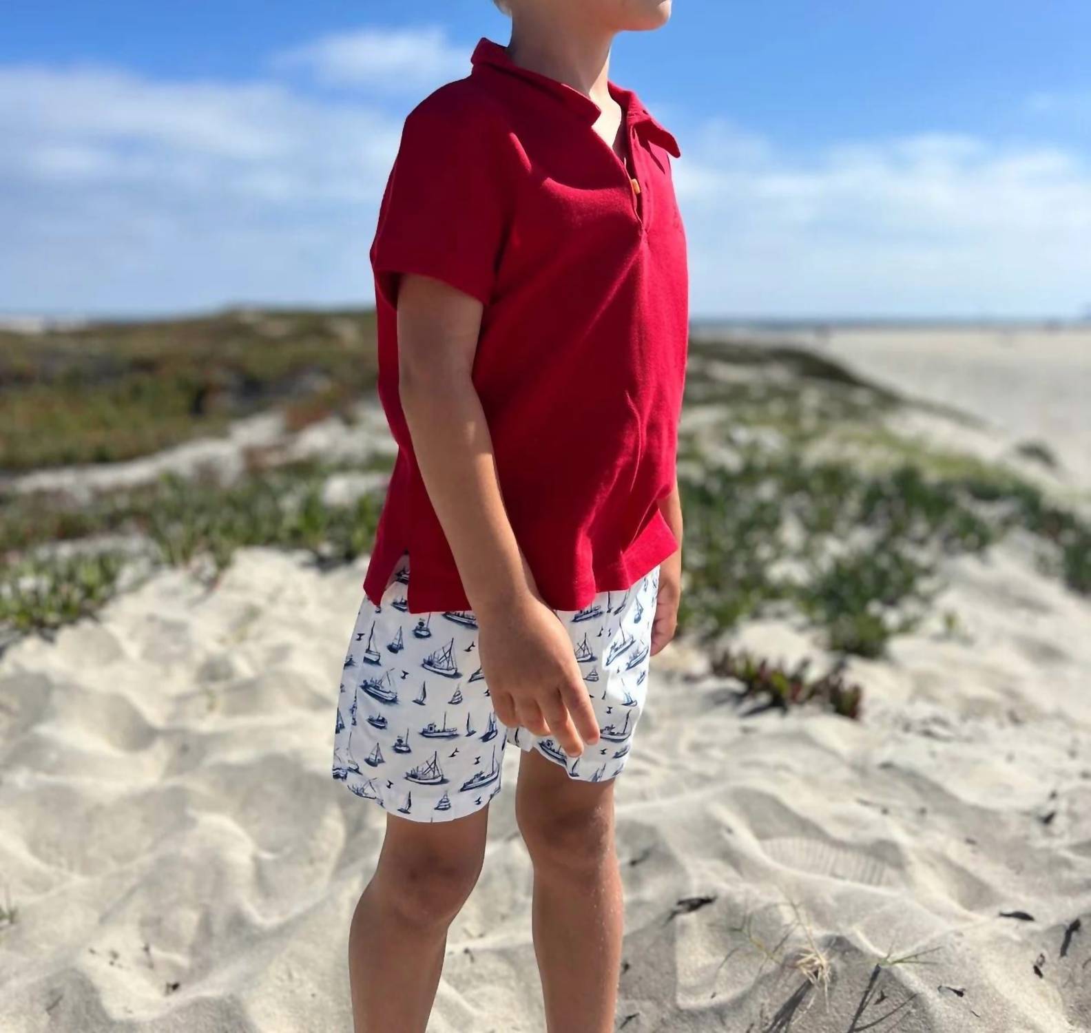 ME & HENRY Boy's Mahalo Printed Boats Shorts in navy - kids' shorts - detail view