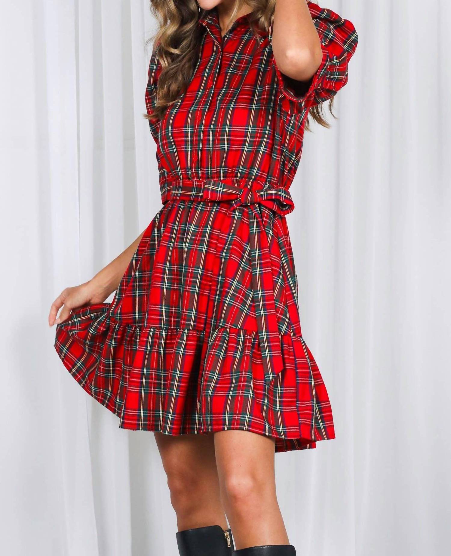 Vine & Love Plaid Short Puff Sleeve Mini Dress in red - women's dress - view 6