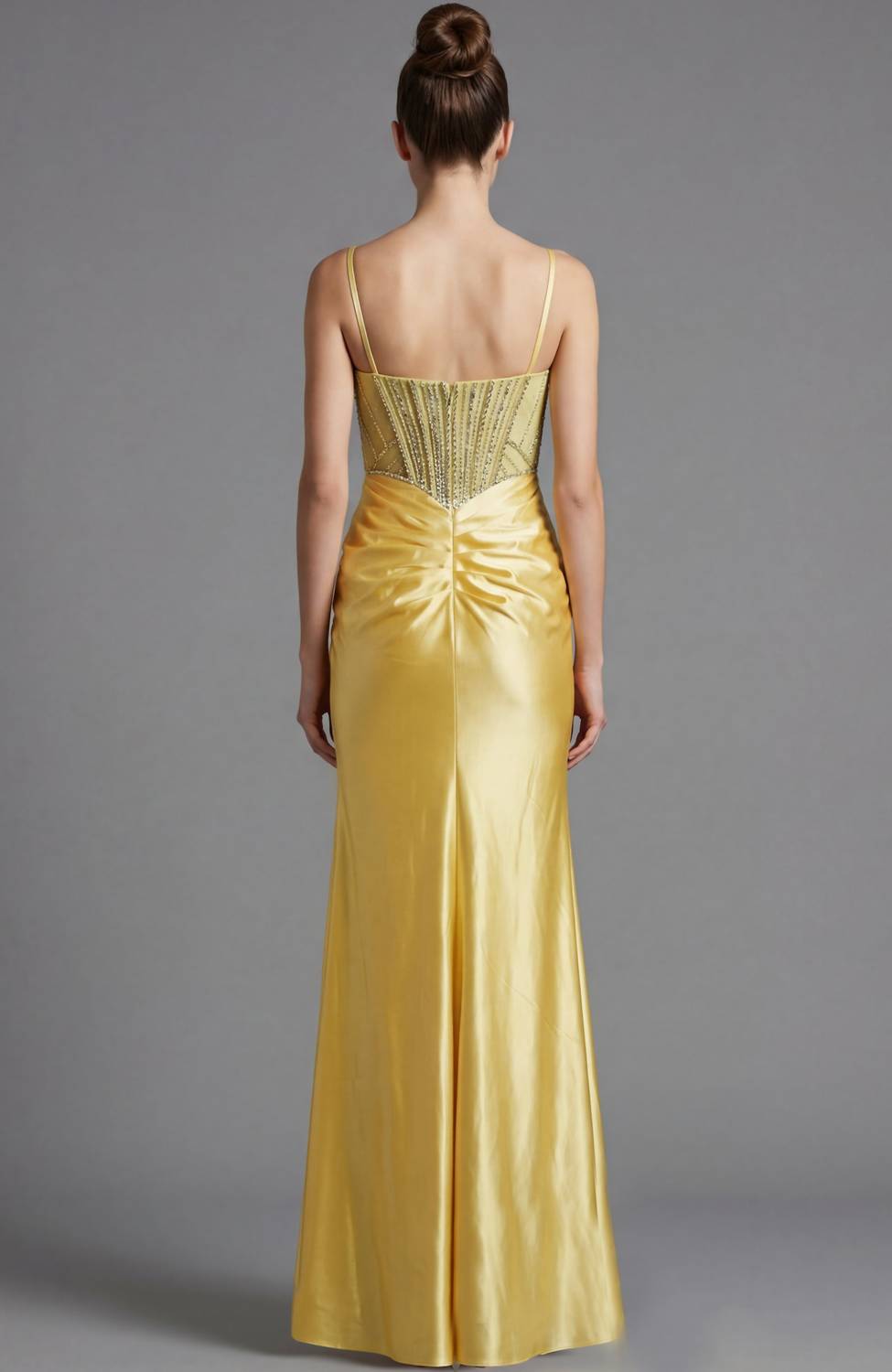 JOVANI Beaded Corset Dress With Satin Skirt in yellow - women's dress - detail view