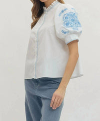 Entro - Women's Floral Embroidered Puff Sleeve Top