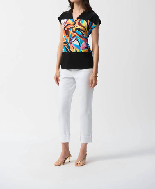 Joseph Ribkoff - Abstract Print Front Zip Boxy Top
