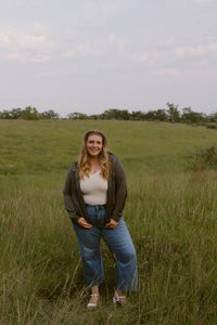 SKIES ARE BLUE Satin Button Up Top in olive - women's long sleeve top - detail view